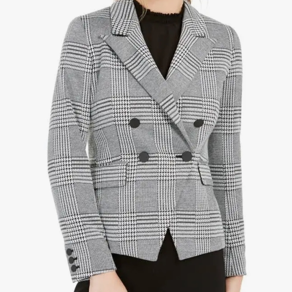 BarrIII Womens Plaid Blazer Preppy Houndstooth Print Double-Breasted Jacket Sz10